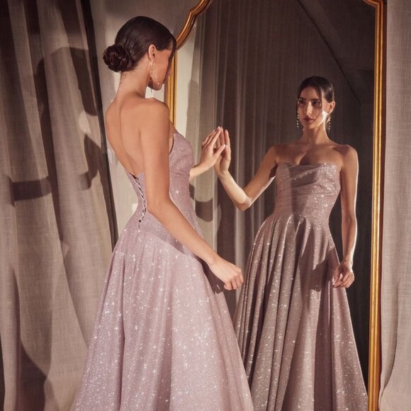 New Evening A-Line Glitter Maxi Dress w/ Pleated Details & Lace Up Back CDT701 - Picture 5 of 10